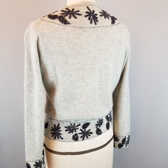 Vintage 1950's Grey & Navy Hand Beaded Angora Cardigan Sweater  Women's Small - Picture 8 of 14